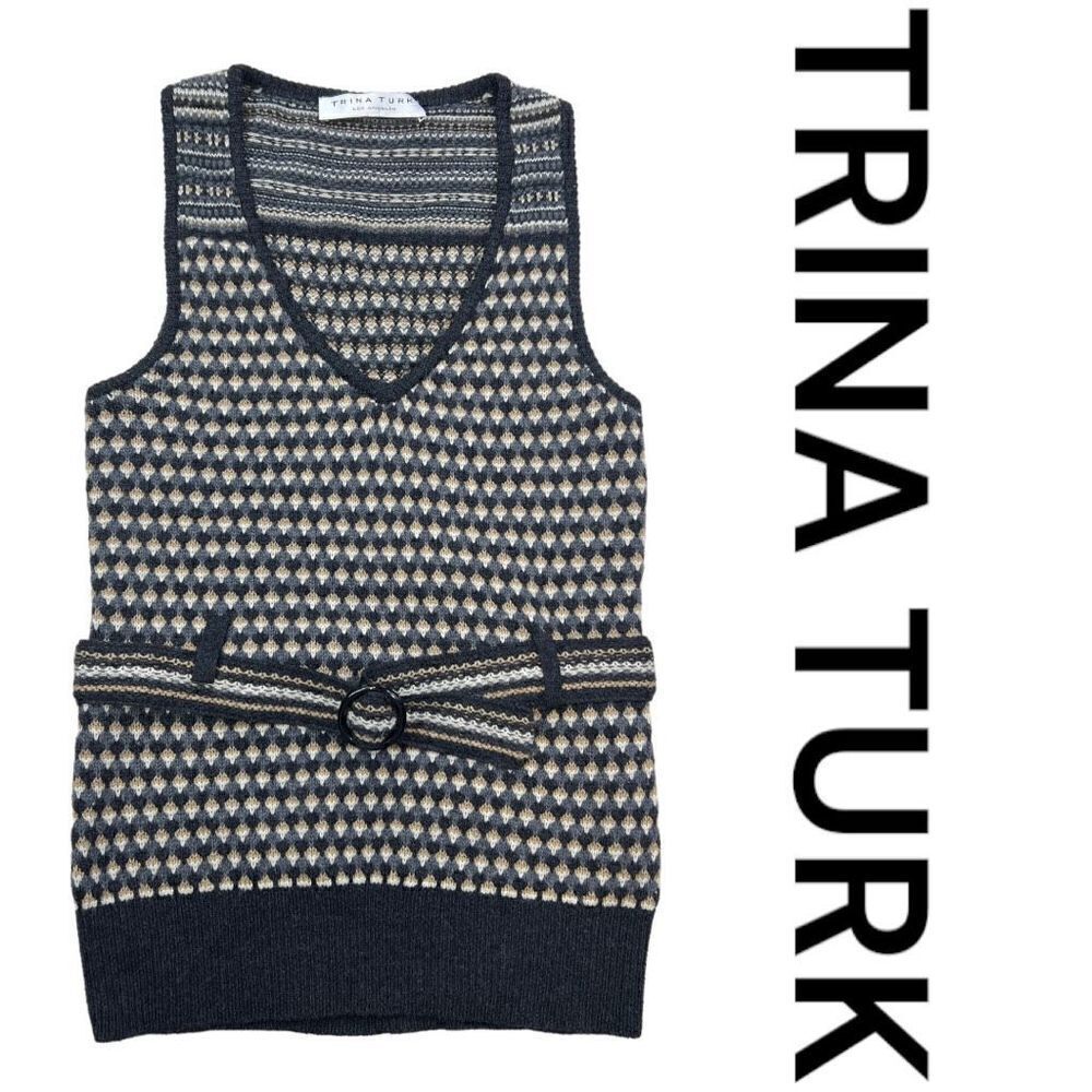 Trina Turk Womens Wool Belted Sleeveless Sweater Tank Top Brown Gray Size Large